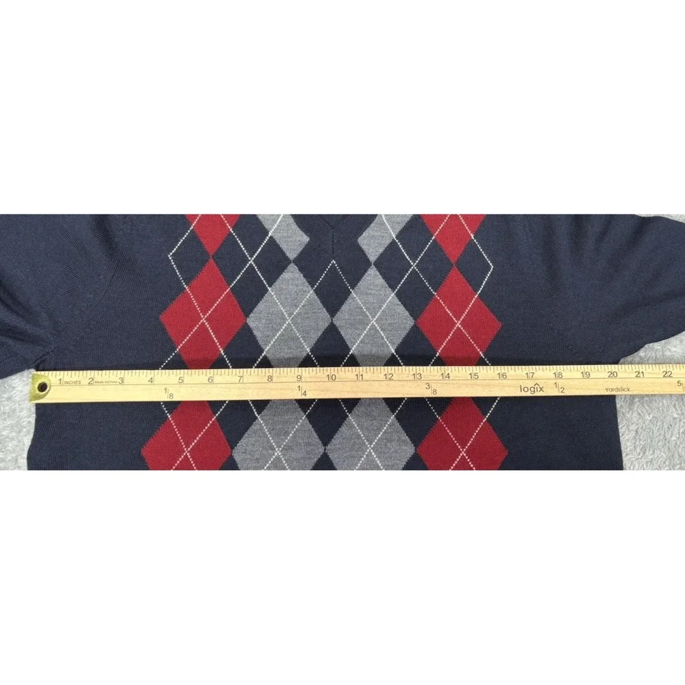 Banana Republic Mens M 100% Merino Wool Sweater Blue Red Argyle V Neck Preppy